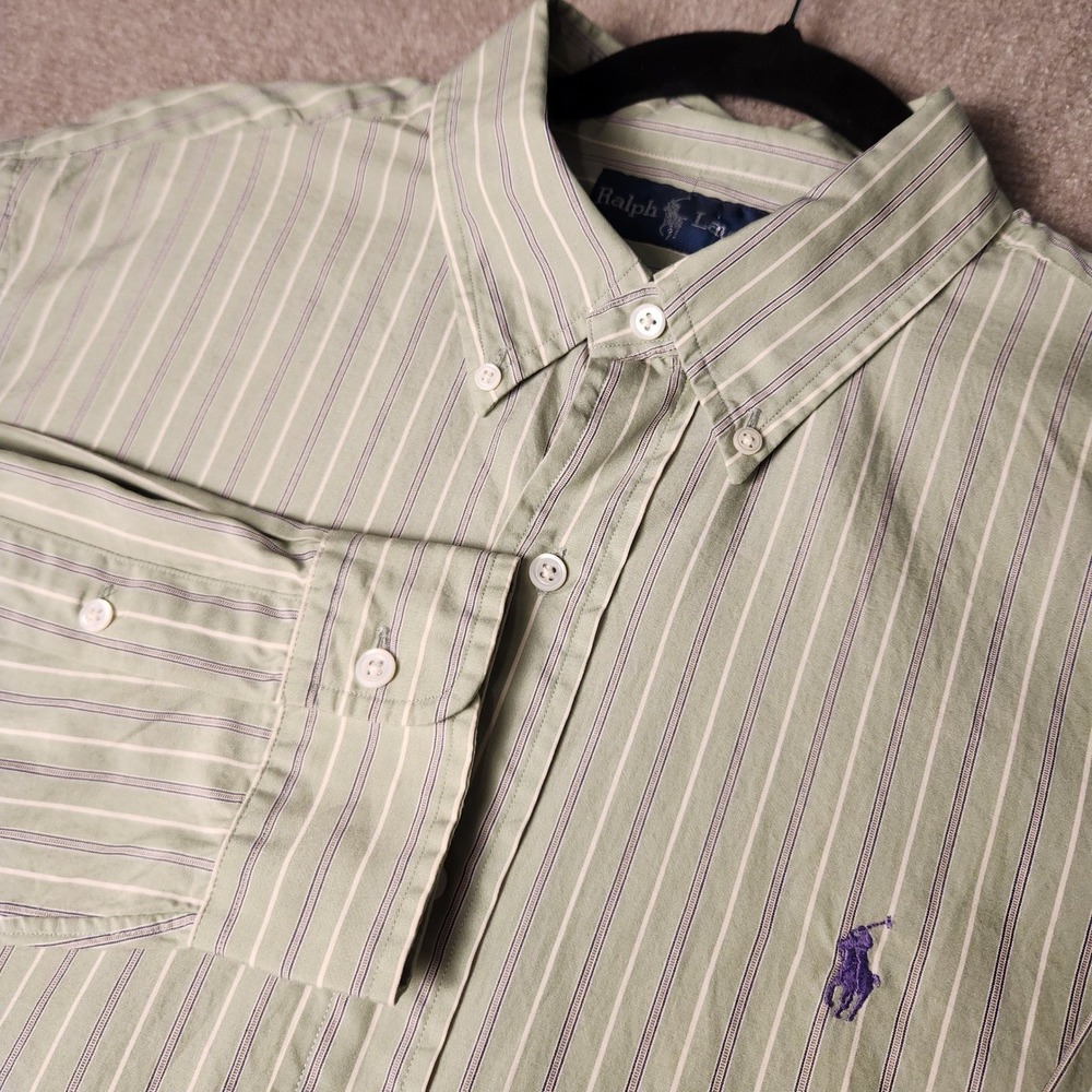 Ralph Lauren Button Down Men L Green White Striped Long Sleeve Pony Logo Shirt